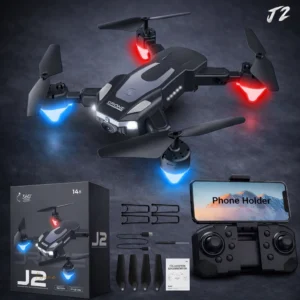 j2 foldable hd camera drone with phone holder, led lights & one key take off