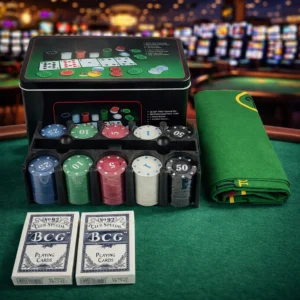200 pieces casino poker set with gaming mat & metal tin box | professional poker chips, cards & dice