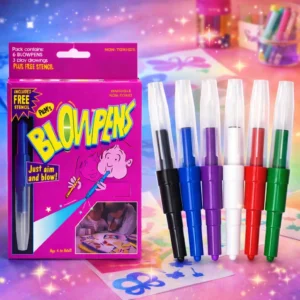 kids blow pens set (6 colours) with free stencil | magic air spray colour pens