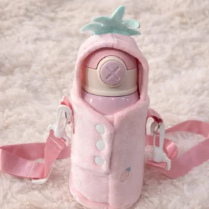 cute pink 500ml 316 stainless steel kids water bottle with plush cover & strap – leakproof, insulated & reusable