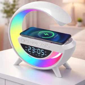 g shape led night lamp with alarm clock, bluetooth speaker & 15w wireless charger – rgb mood light